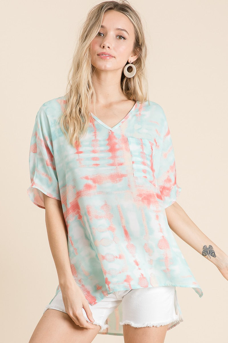 Feeling Minty Tie Dye Print Woven V Neck Hi-Low Boxy Top