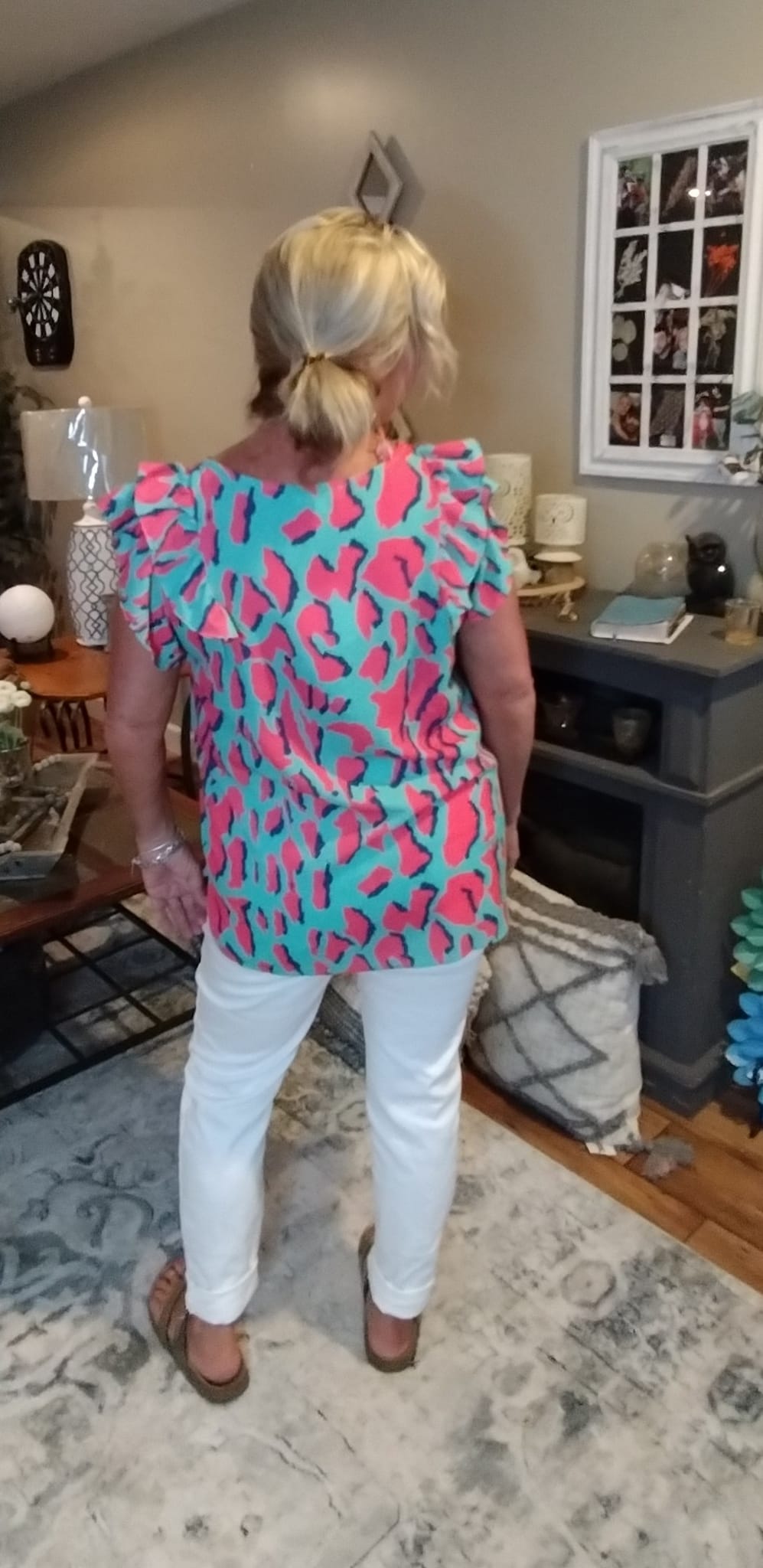 Summer Breeze Abstract Print V-Neck Top with Double Layer Ruffle Sleeves