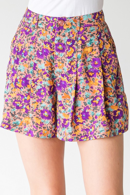 Mauve Flower Print Pleated Shorts