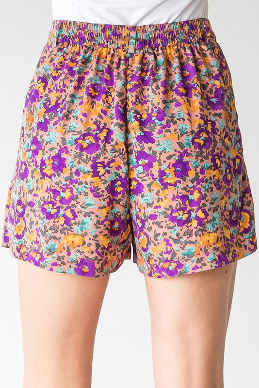 Mauve Flower Print Pleated Shorts