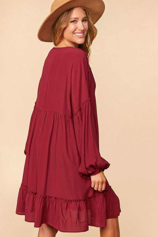 Lady Merlot Viscose V Neck Drop Shoulder Woven Dress