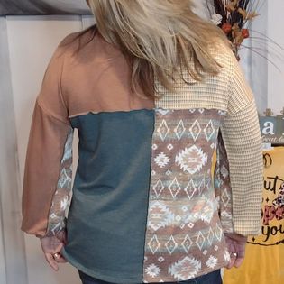 Kari Aztec Textured Asymmetrical Color Block Top. Also in Plus size