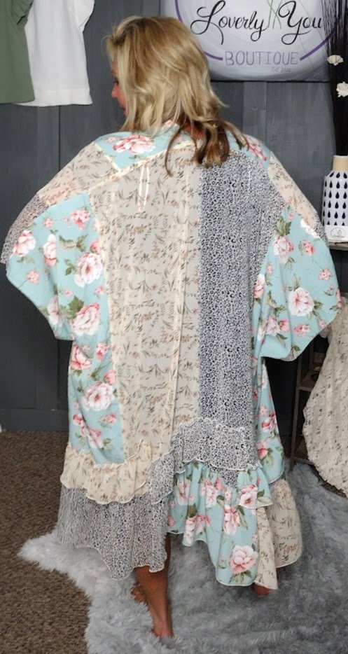 Floral Girl Mixed Print Ruffle Bottom Kimono