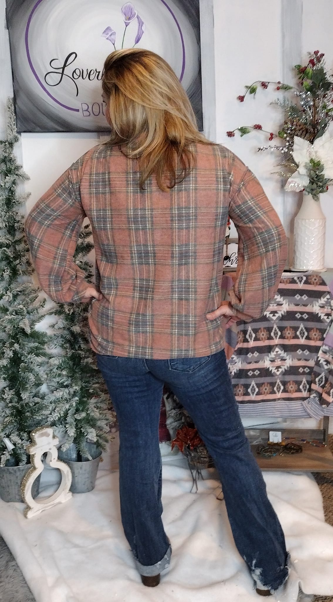 Cora Checker Print Brush Knit Buttoned Henley Fleece Top