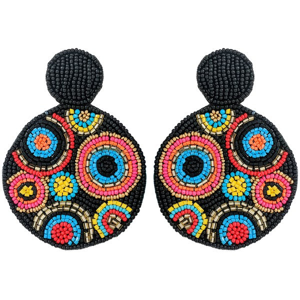 BOHO MULTICOLOR MOSAIC SEED BEAD CIRCULAR DROP EARRINGS