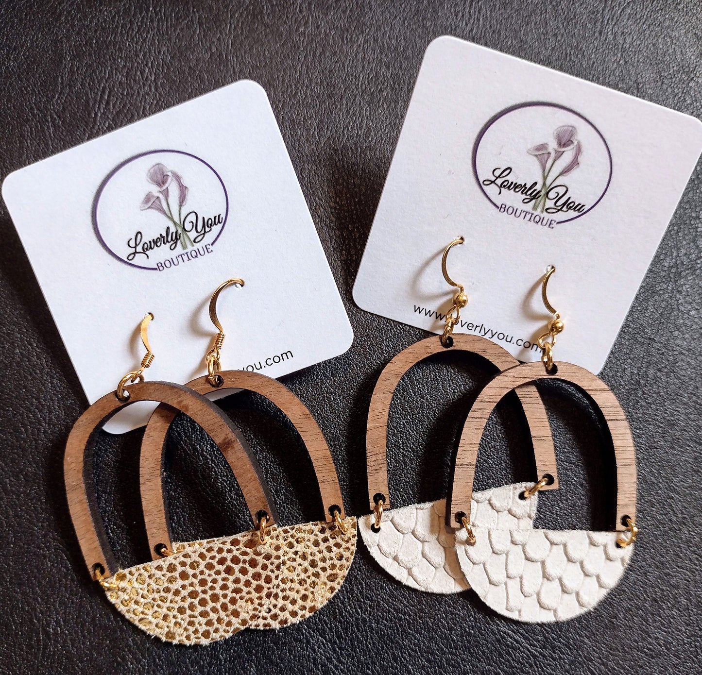 Cecelia Half Moon Wood and Leather Earrings.