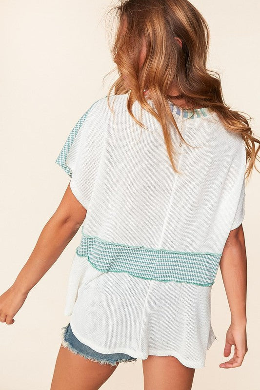 Teal The Sun Goes Down. Multi Laced Up V Neck Color Block Top