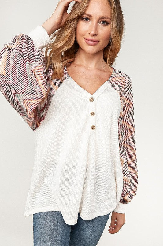 Camilla Textured Sweater Chevron Bubble Sleeve Top