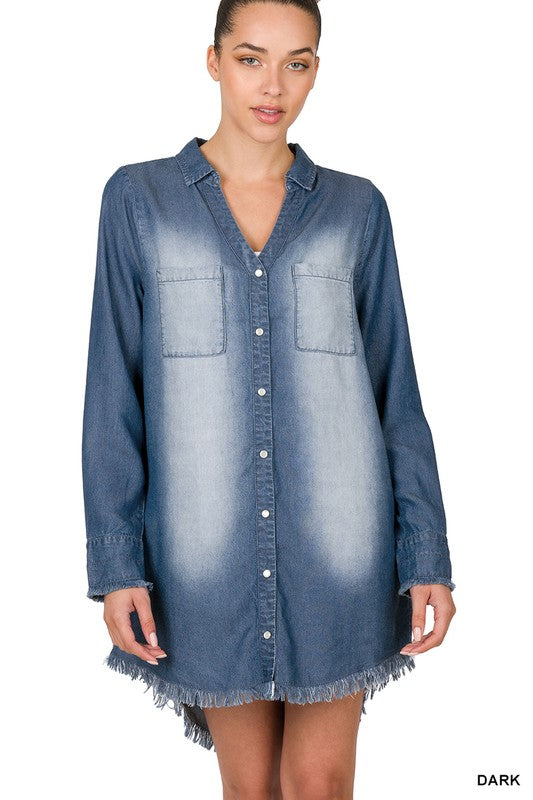 Denim Days Chambray Frayed Hem Longline Shirt Dress/Jacket