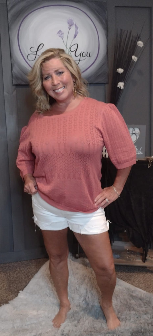 Cool Jane Coral Half Sleeve Open Stitch Knit Top