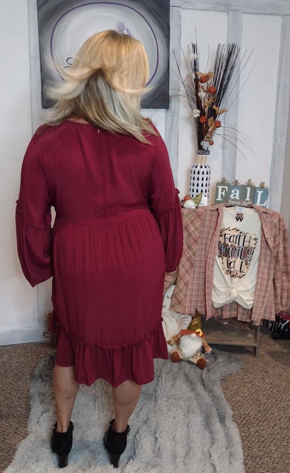 Lady Merlot Viscose V Neck Drop Shoulder Woven Dress