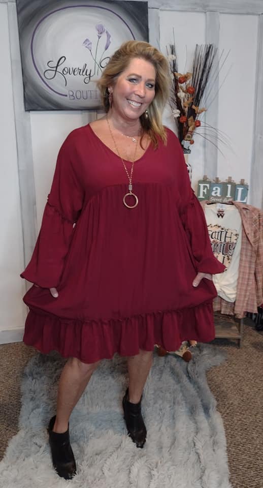 Lady Merlot Viscose V Neck Drop Shoulder Woven Dress
