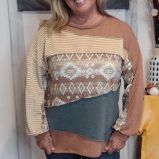 Kari Aztec Textured Asymmetrical Color Block Top. Also in Plus size