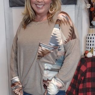 Sara Jane Axtec Print Contrast Front Pocket Terry Top with Thumb Holes