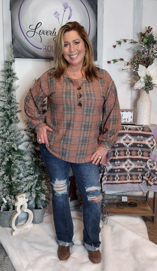 Cora Checker Print Brush Knit Buttoned Henley Fleece Top