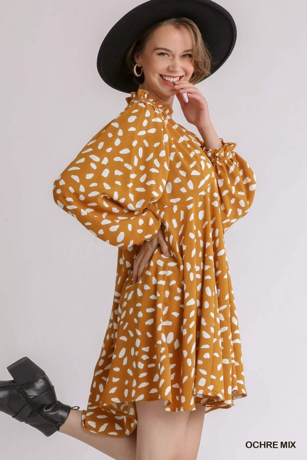 Kayla. Animal Print Split Neck Long Puff Sleeve Dress. Also available in Plus size.