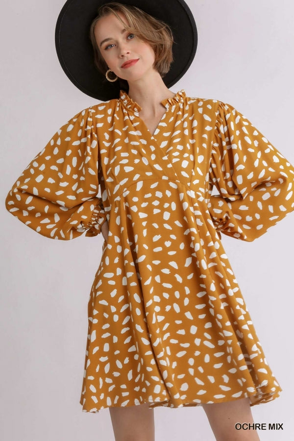 Kayla. Animal Print Split Neck Long Puff Sleeve Dress. Also available in Plus size.