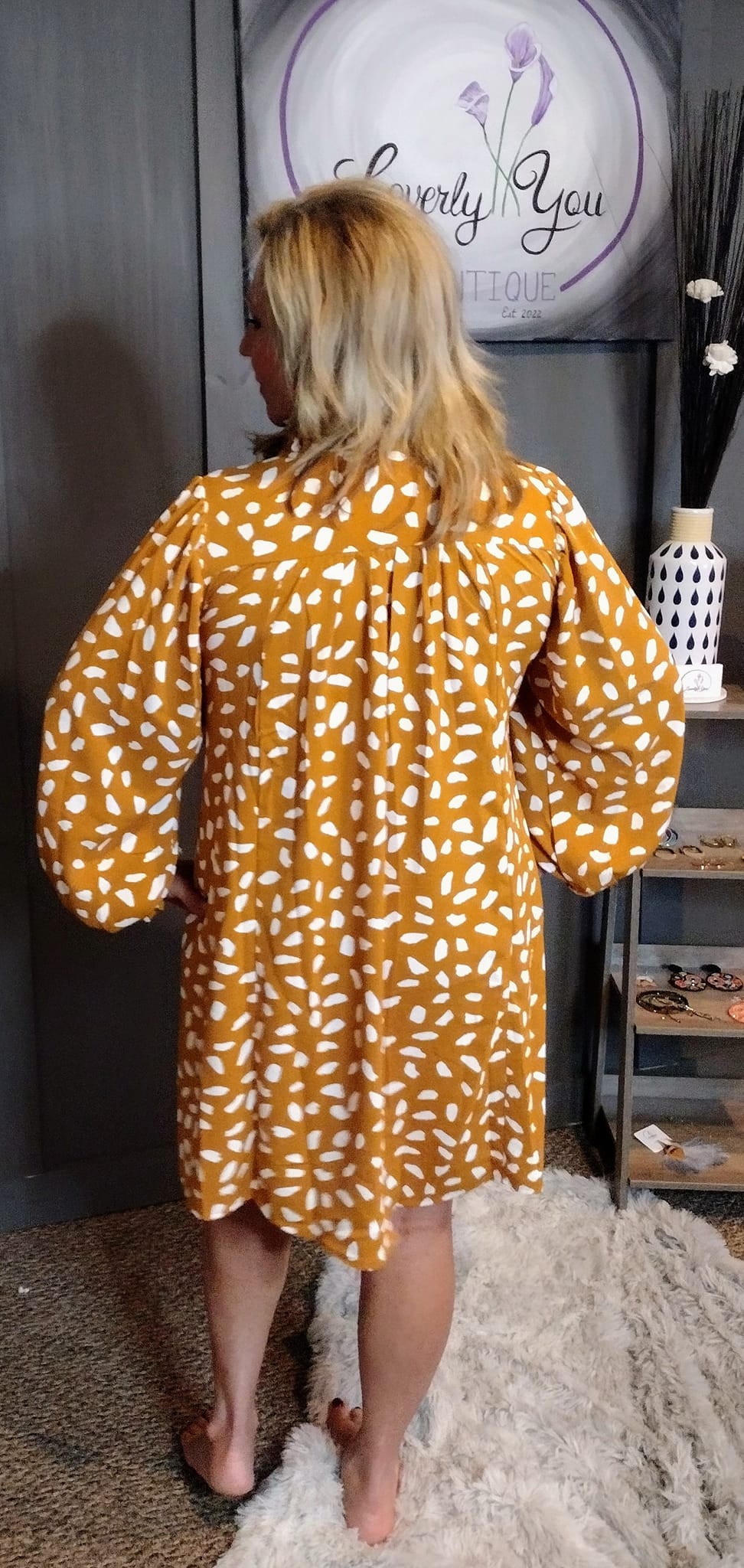 Kayla. Animal Print Split Neck Long Puff Sleeve Dress. Also available in Plus size.