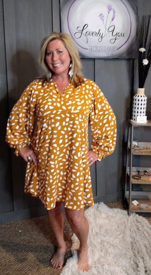 Kayla. Animal Print Split Neck Long Puff Sleeve Dress. Also available in Plus size.