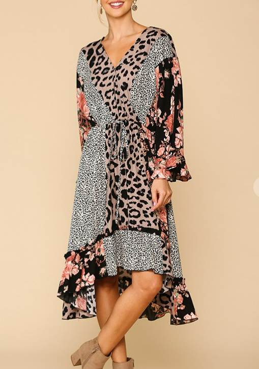 Feeling Pretty Leapord and Floral Mixed Print Midi Dress