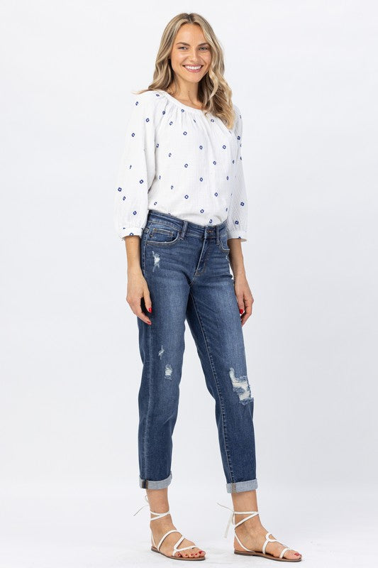 Judy Blue Midrise Cuffed Distressed Slim Fit Jeans @ Loverly You Boutique