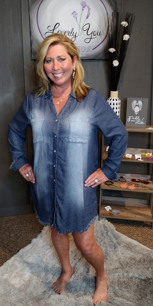 Denim Days Chambray Frayed Hem Longline Shirt Dress/Jacket
