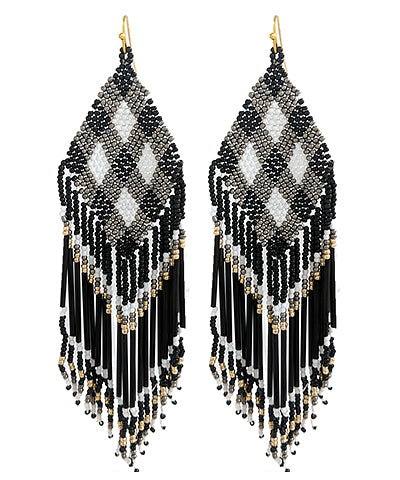 Shake Down Beaded Rhombus & Tassel Earrings