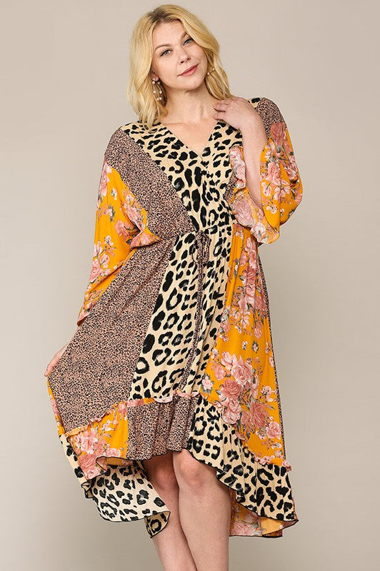 Feeling Pretty Leapord and Floral Mixed Print Midi Dress