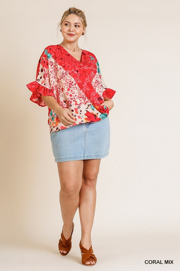 Floral Animal Mixed Print Ruffle Sleeve V-Neck Crossbody Top