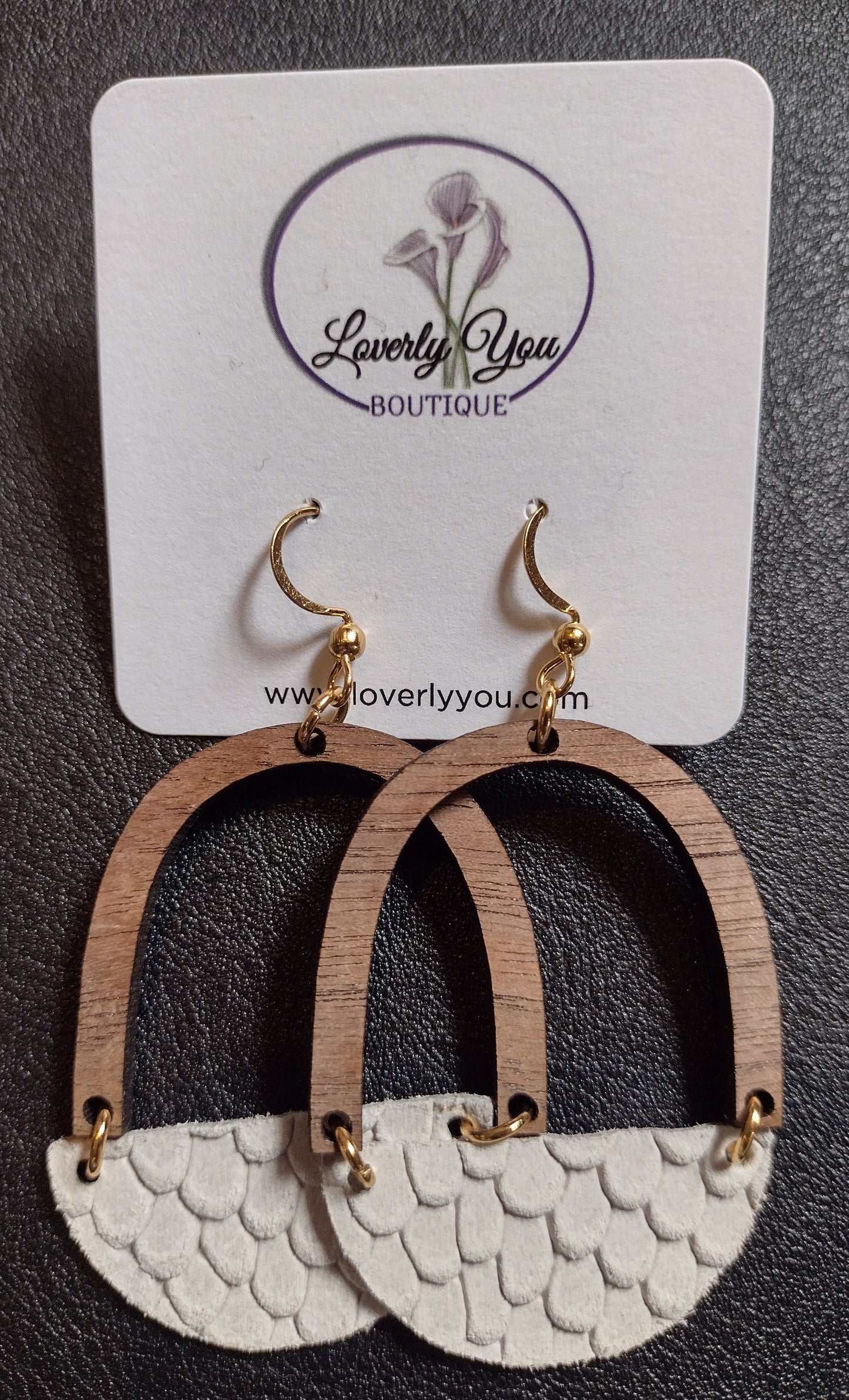 Cecelia Half Moon Wood and Leather Earrings.