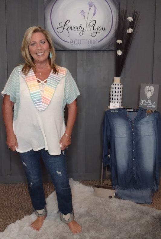 Teal The Sun Goes Down. Multi Laced Up V Neck Color Block Top