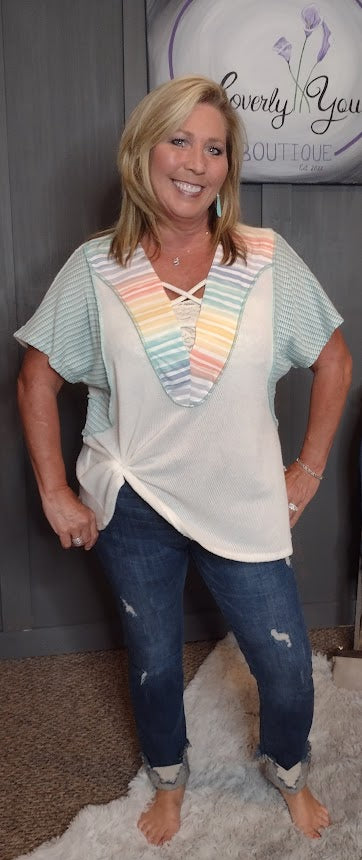 Teal The Sun Goes Down. Multi Laced Up V Neck Color Block Top