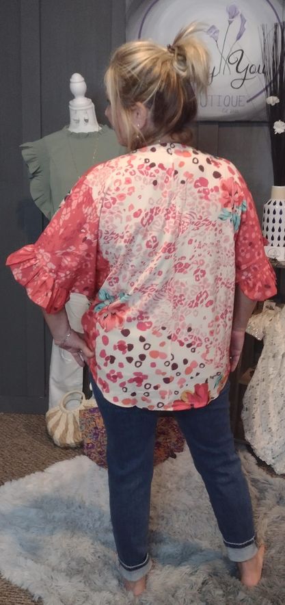 Floral Animal Mixed Print Ruffle Sleeve V-Neck Crossbody Top