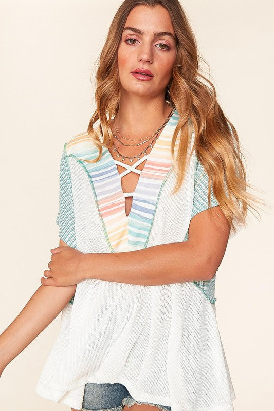 Teal The Sun Goes Down. Multi Laced Up V Neck Color Block Top