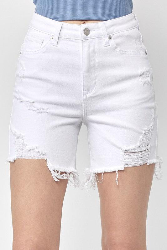 High Rise Distressed Mid Thigh Shorts by Risen. Also in Plus size.